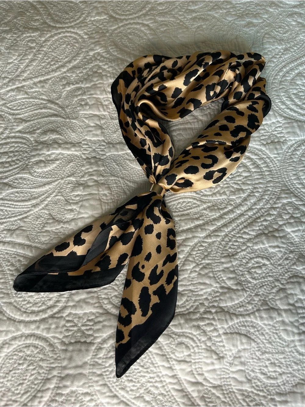 New Leopard Print Satin Neck Scarf - Black & Tan